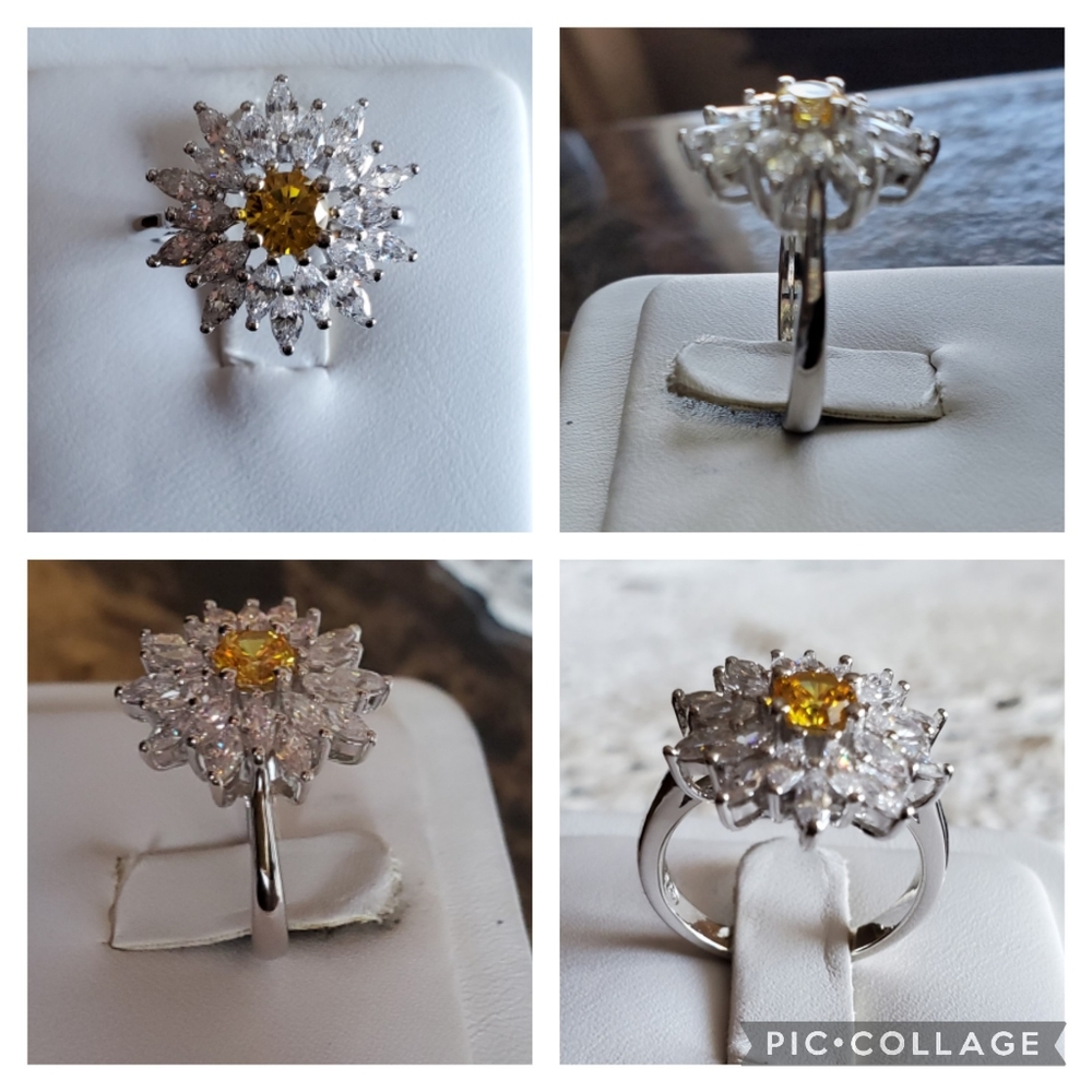 Genuine 5ct Canary and White Sapphire Starburst Ring Size 7 - Picture 3 of 8